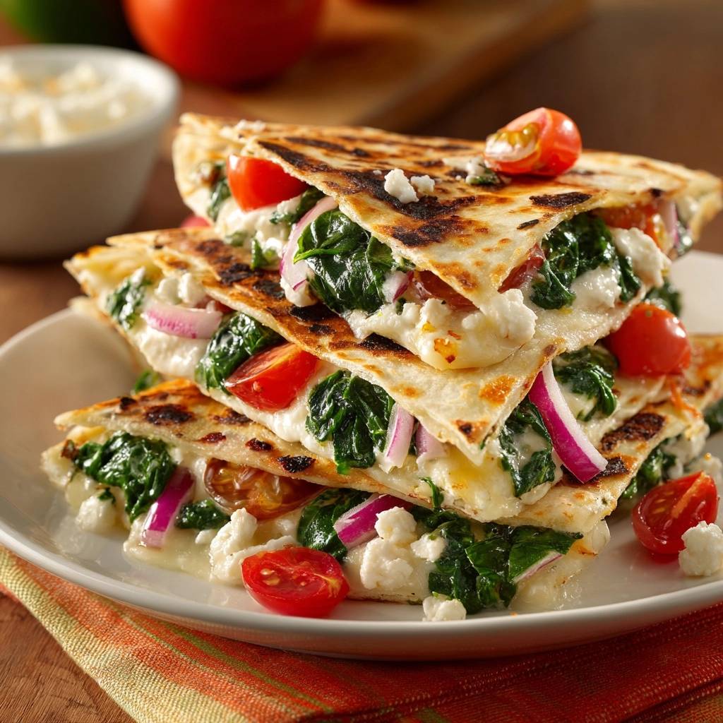 Knusprige Spinat-Feta-Quesadillas als Stapel nah aufgenommen mit geschmolzenem Käse und frischen Zutaten.
