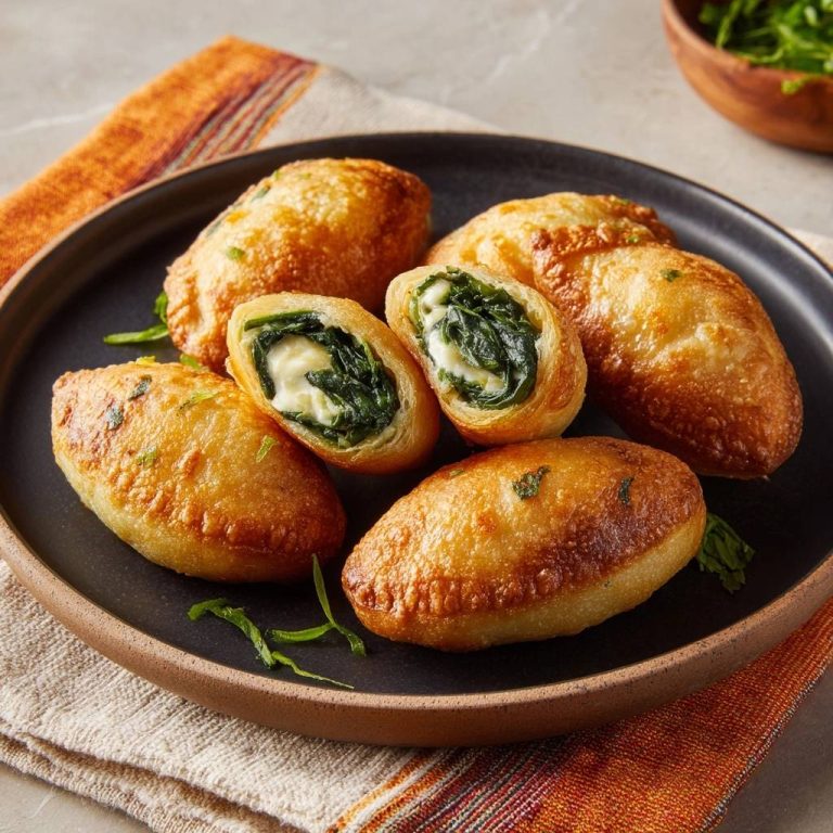Knusprige Spinat-Feta-Taschen angeschnitten, die das saftige Innere mit Spinat und Käse enthüllen.