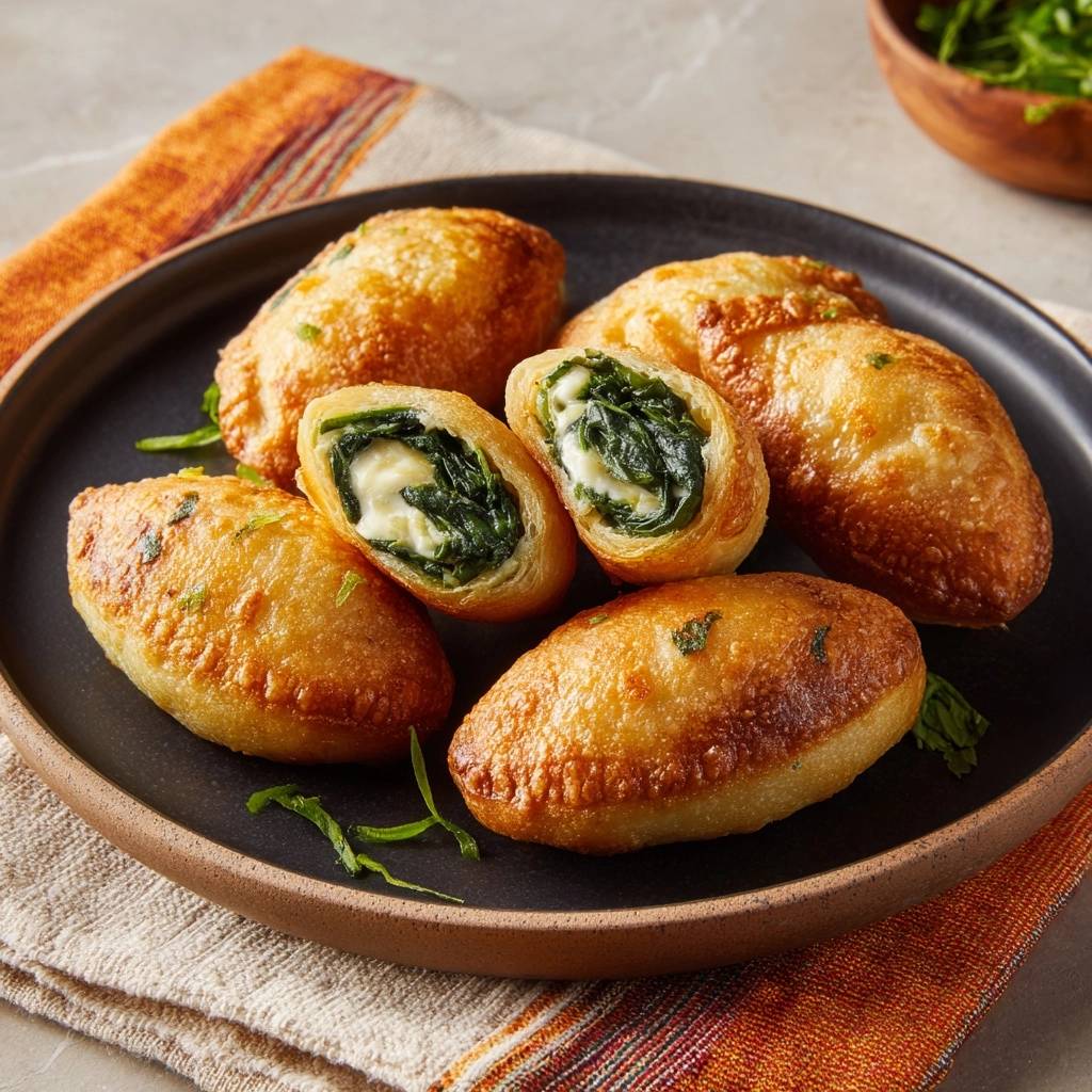 Knusprige Spinat-Feta-Taschen angeschnitten, die das saftige Innere mit Spinat und Käse enthüllen.