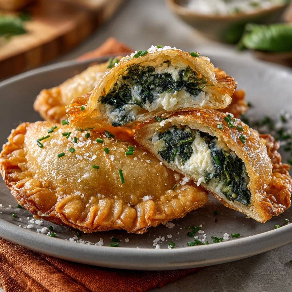 Knusprige Spinat-Feta-Teigtaschen als Nahaufnahme im Anschnitt, gefüllt mit Spinat und Käse