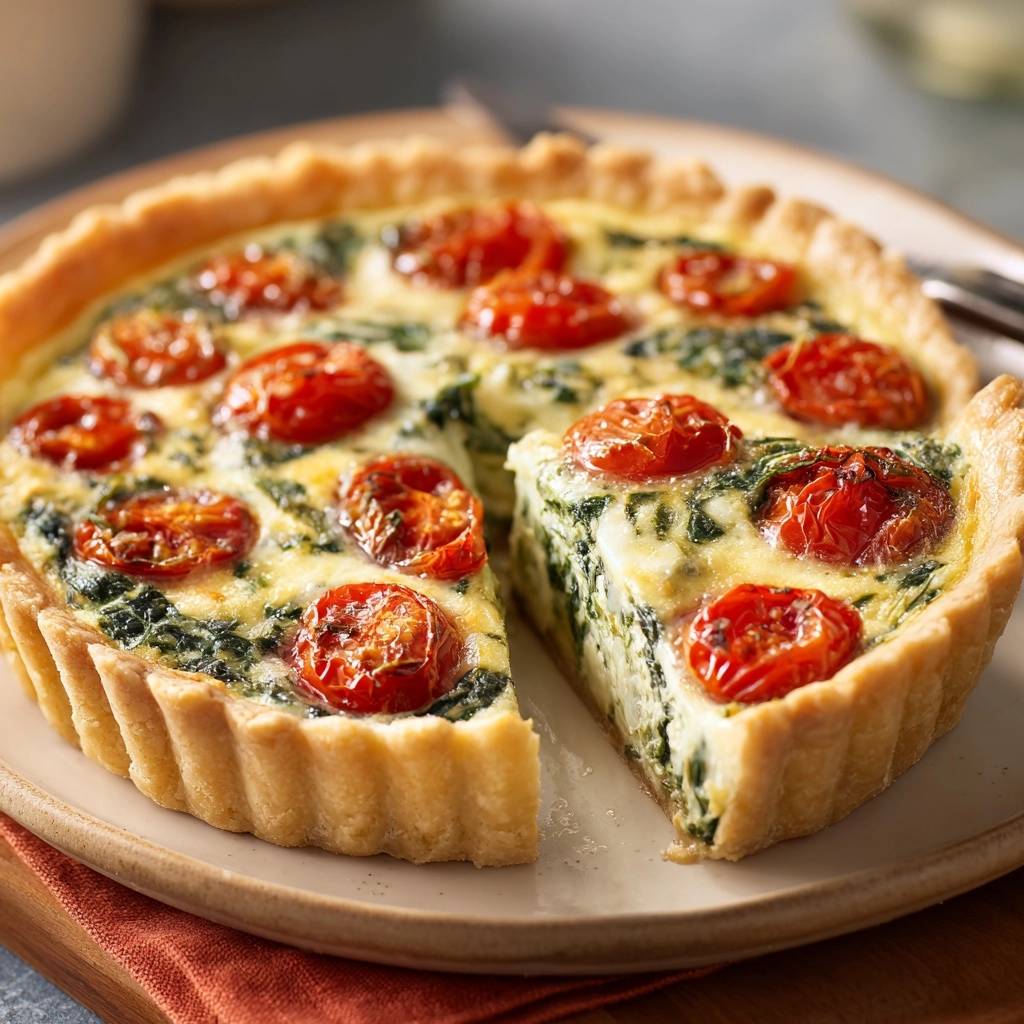 Spinat-Feta-Tomaten-Quiche mit knusprigem Boden, angeschnitten und mit gerösteten Kirschtomaten belegt