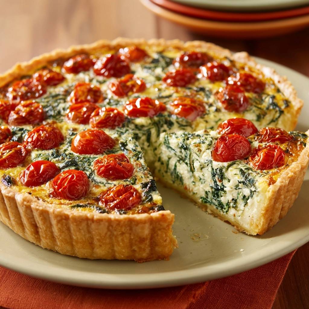 Spinat-Feta-Tomaten-Quiche mit einem angeschnittenen Stück, das den cremigen Kern und den knusprigen Boden zeigt.