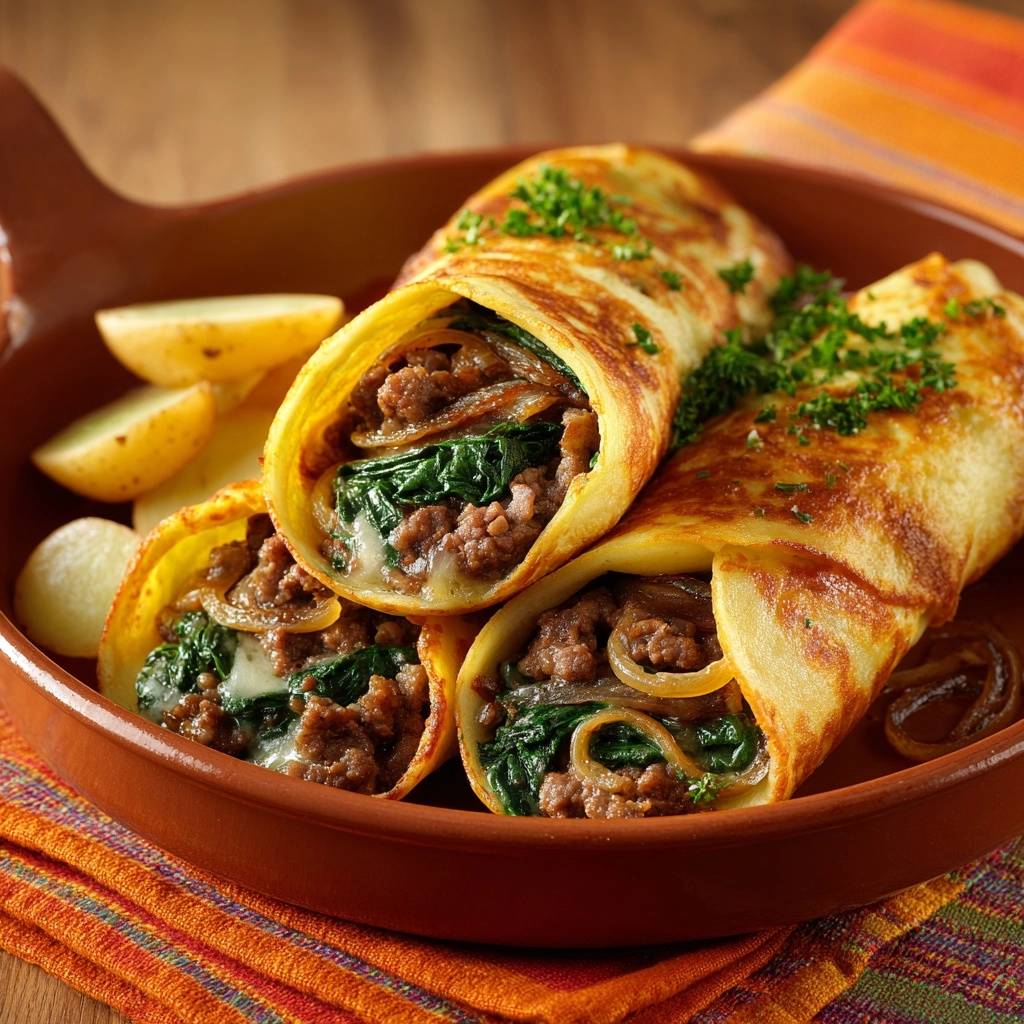 Spinat-Hack-Crépes mit Kartoffeln, ein Anschnitt zeigt die saftige Füllung aus Hackfleisch, Spinat und Käse.