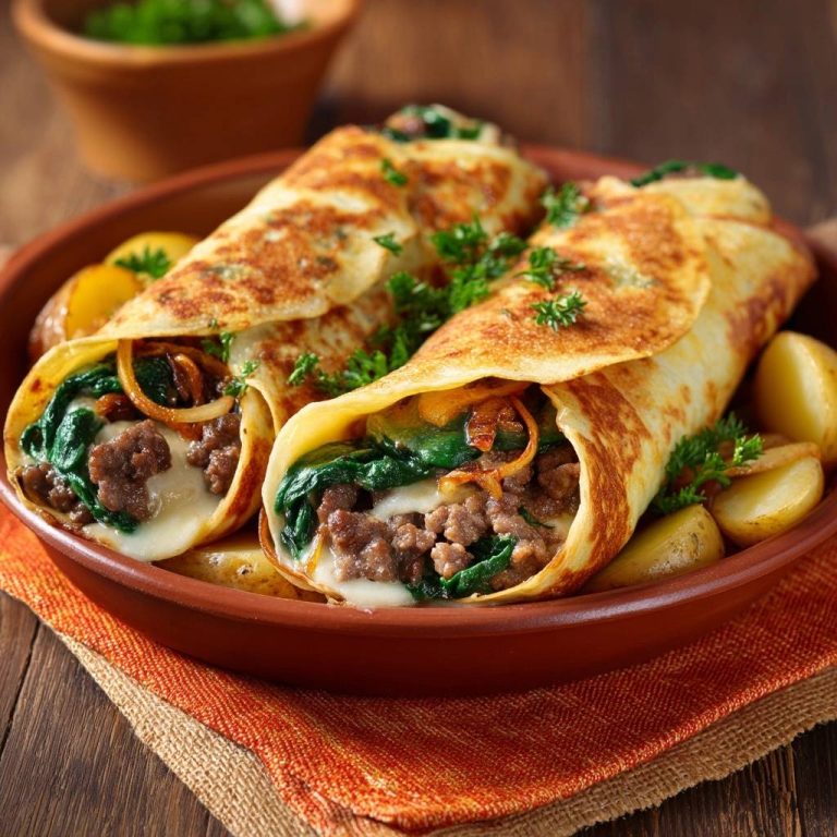 Spinat-Hack-Crépes mit Kartoffeln, eine Nahaufnahme der gefüllten Crépes mit sichtbarem Hackfleisch und Spinat.