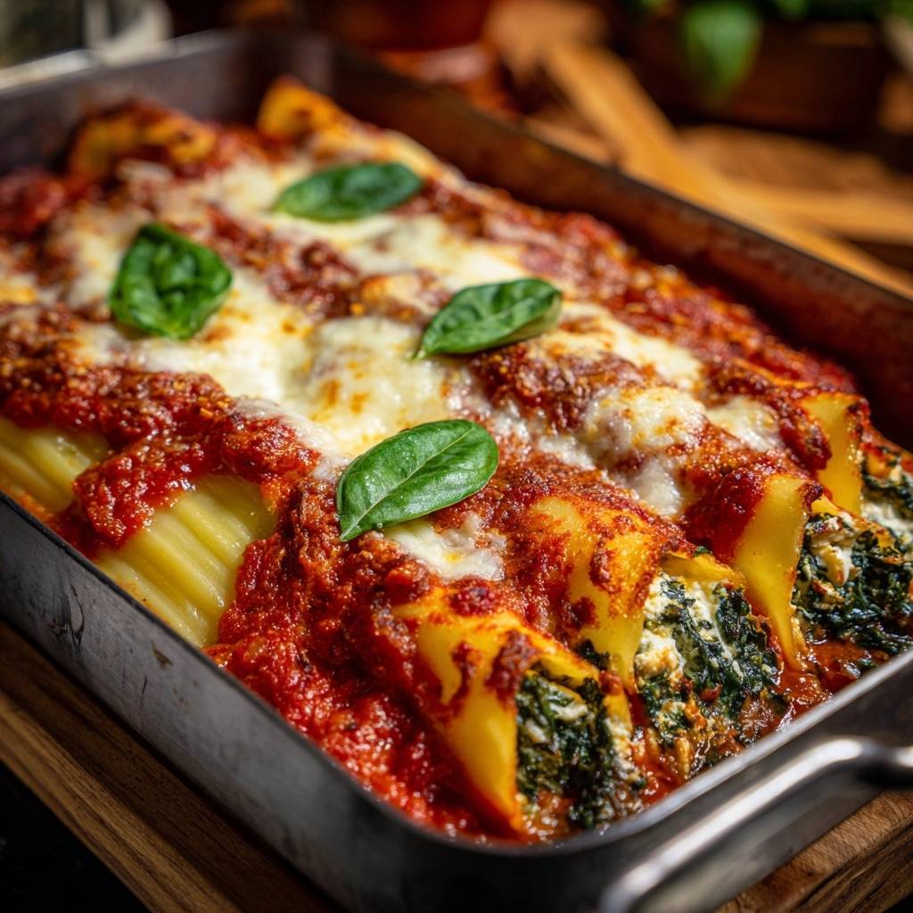 Spinat-Ricotta-Cannelloni, saftig mit geschmolzenem Käse überbacken und mit frischen Basilikumblättern garniert.