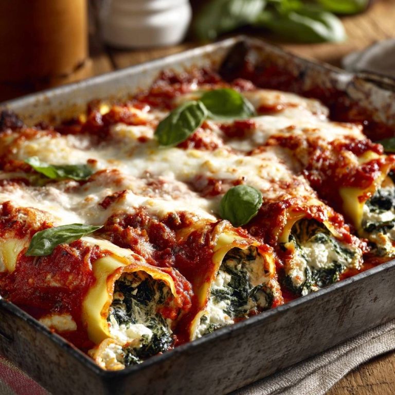 Spinat-Ricotta-Cannelloni als Nahaufnahme im Querschnitt, mit saftiger Füllung und geschmolzenem Käse.