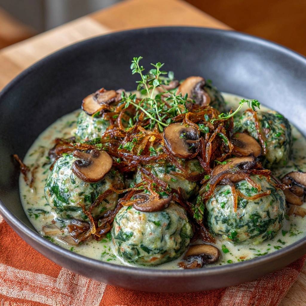 Spinatknödel in cremiger Pilzsoße, nahaufnahme mit frischer Garnitur aus Pilzen und Kräutern