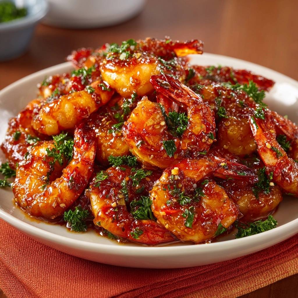 Sticky Chili-Knoblauch-Garnelen, serviert auf einem Teller und mit frischer Petersilie garniert