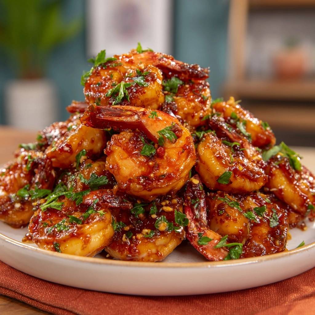 Sticky Chili-Knoblauch-Garnelen als saftiger Stapel auf einem Teller, mit frischer Petersilie garniert und glänzender Sauce überzogen.