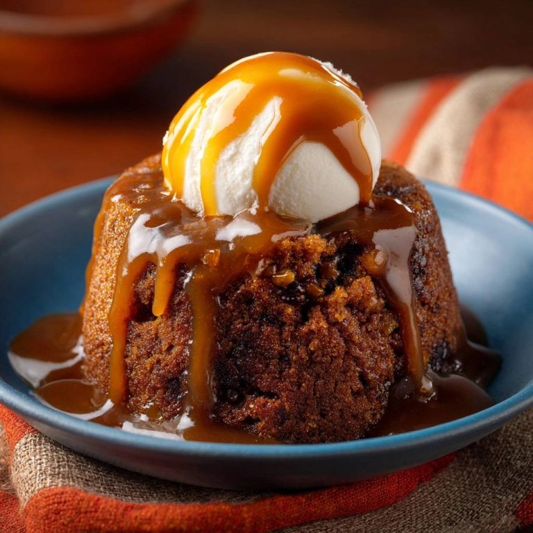 Sticky Toffee Pudding mit Sauce und Vanilleeis, ein saftiger Kuchen mit geschmolzenem Eis und Karamellsauce, nahaufnahme.