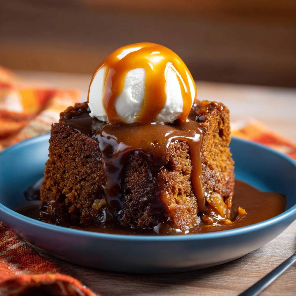 Sticky Toffee Pudding mit Sauce und Vanilleeis, Nahaufnahme des saftigen Kuchens mit geschmolzenem Eis und Karamellsauce.
