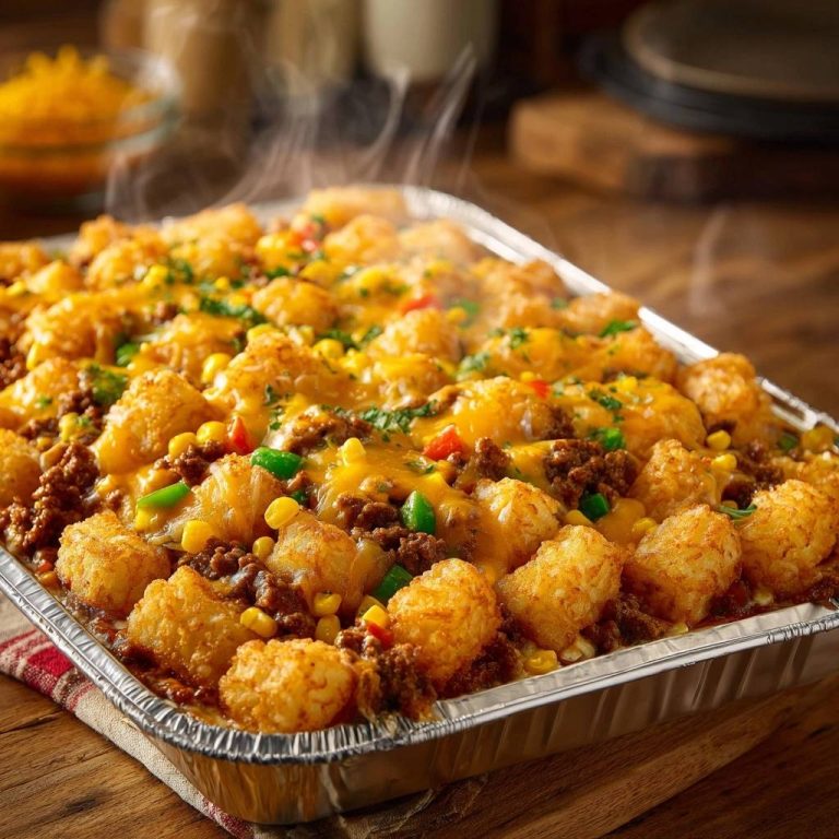 Knuspriger Tater-Tot-Hackauflauf heiss und dampfend aus der Aluminiumschale kommt frisch aus dem Ofen.