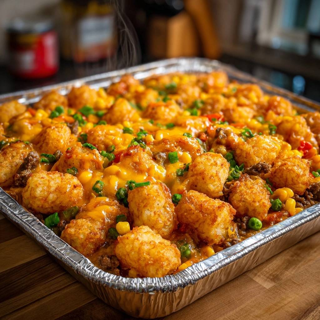 Knuspriger Tater-Tot-Hackauflauf im Backblech mit geschmolzenem Käse und Gemüse, frisch gebacken und dampfend