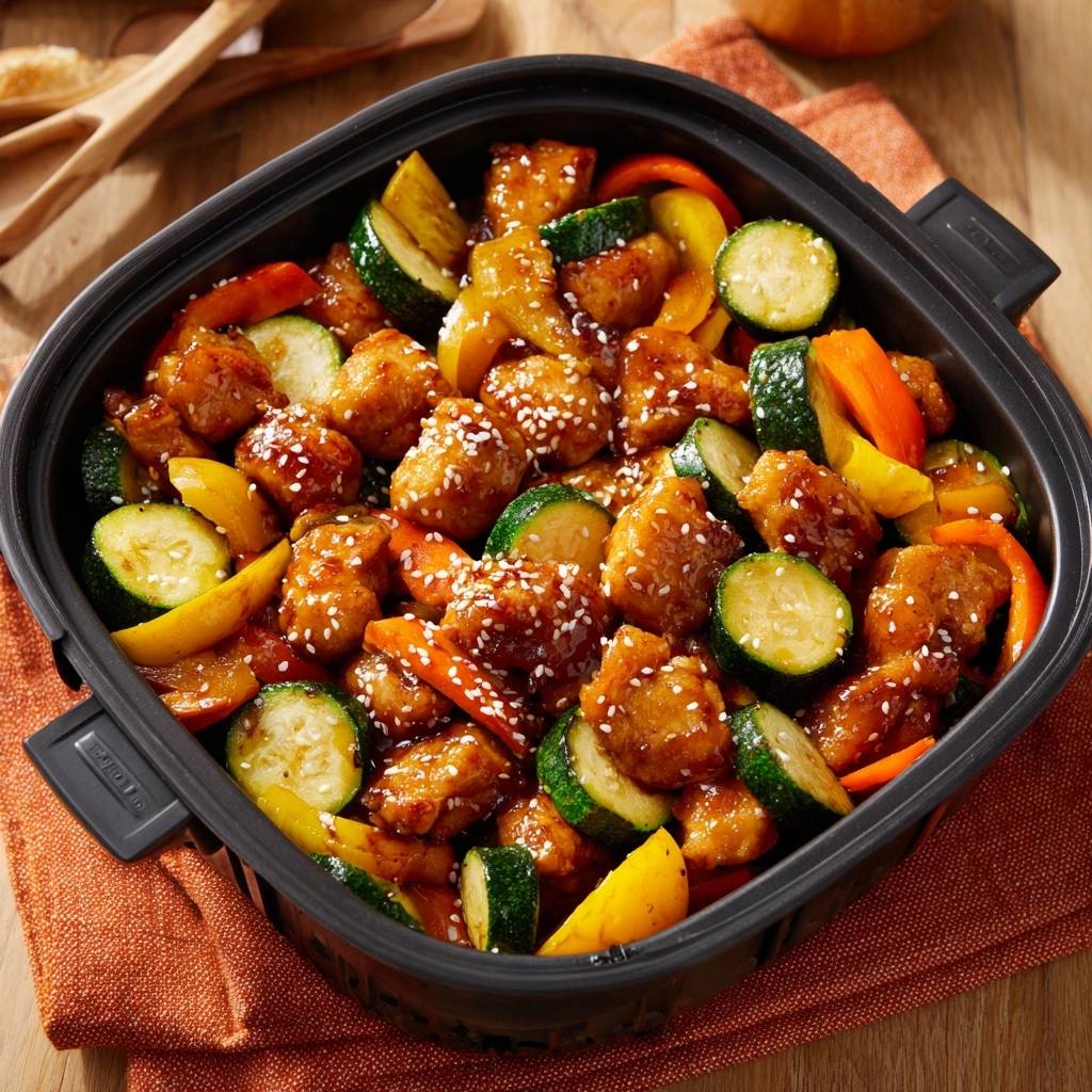 Teriyaki-Hähnchen-Wok mit Paprika & Zucchini, saftig, garniert mit Sesam in einer schwarzen Pfanne