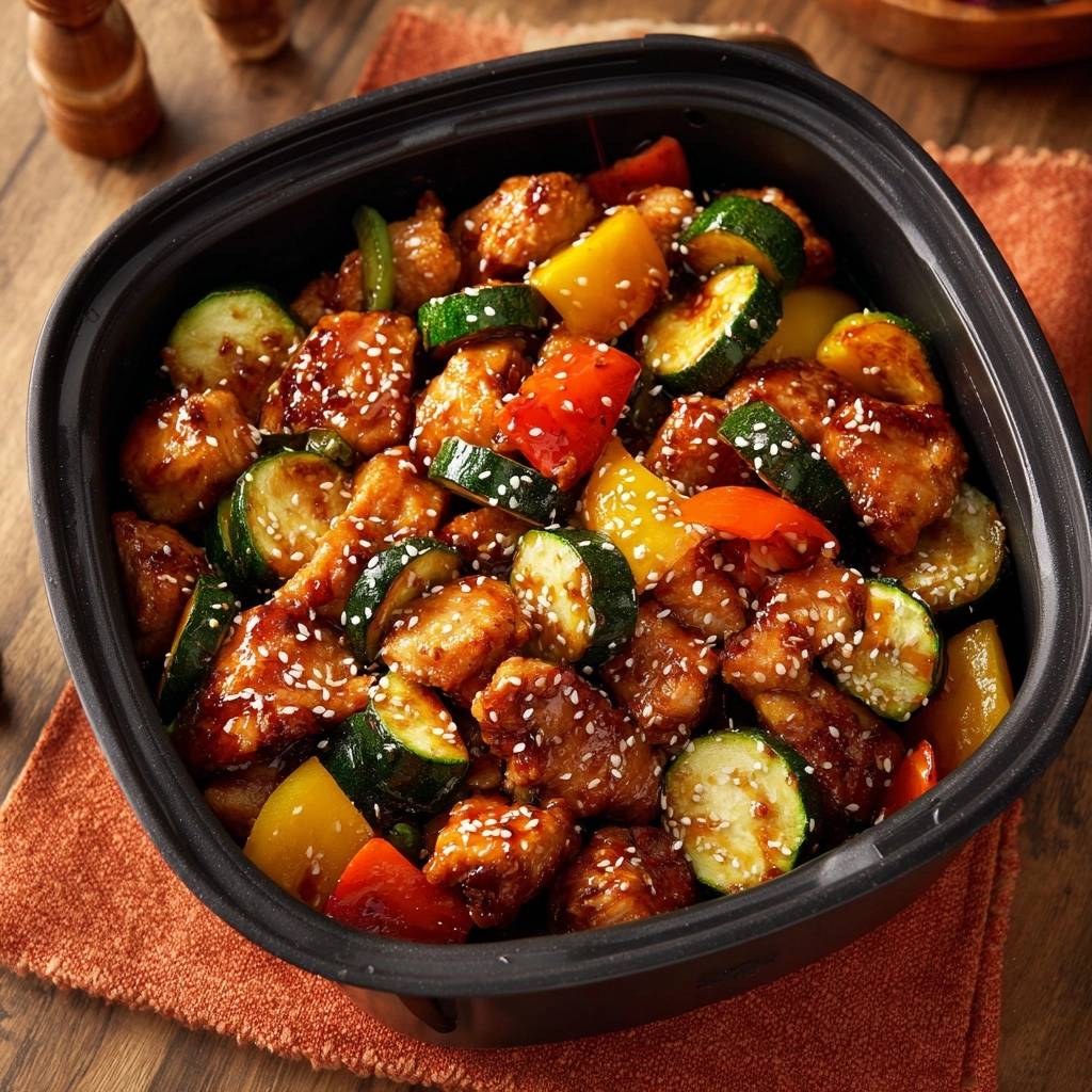Teriyaki-Hähnchen-Wok mit Paprika & Zucchini serviert in einer schwarzen Schüssel, nahaufnahme mit Sesam bestreut.