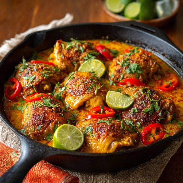 Thai-Gelbcurry-Hähnchen mit knuspriger Haut, serviert in einer Gusseisenpfanne mit Limette und Chili.