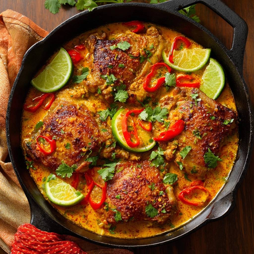 Thai-Gelbcurry-Hähnchen mit knuspriger Haut und Limettenspalten, von oben in einer Pfanne serviert.