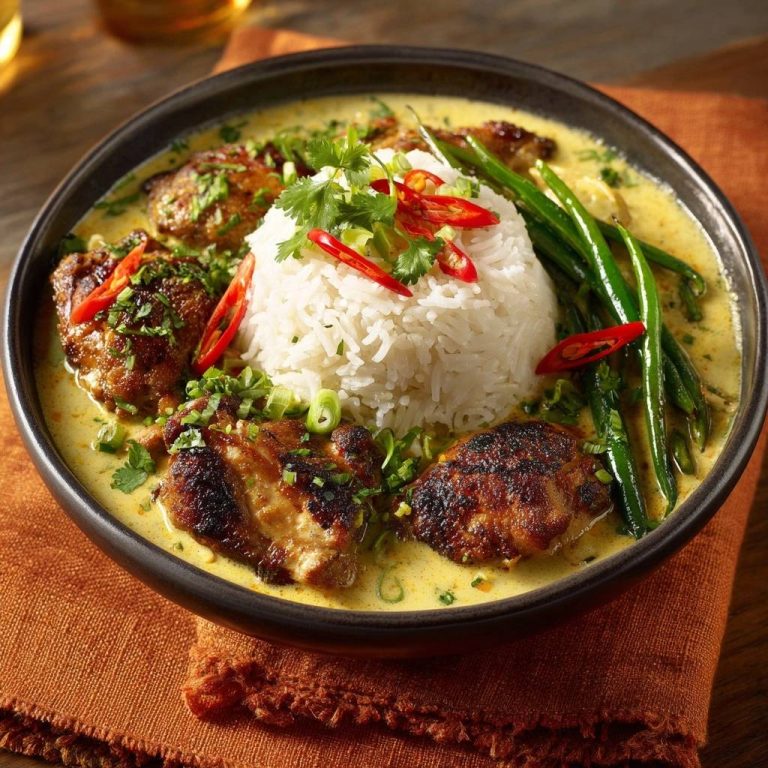 Thai-Hähnchen-Gelbcurry mit Bohnen und Reis, serviert in einer Schüssel mit frischer Garnitur aus Chili und Koriander.