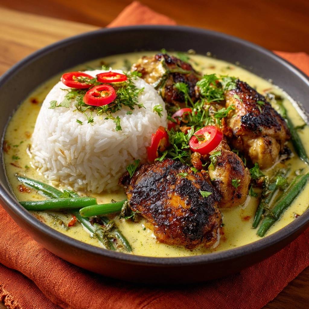 Thai-Hähnchen-Gelbcurry mit Bohnen & Reis in einer Schüssel, garniert mit frischen Chilis und Kräutern, Nahaufnahme.