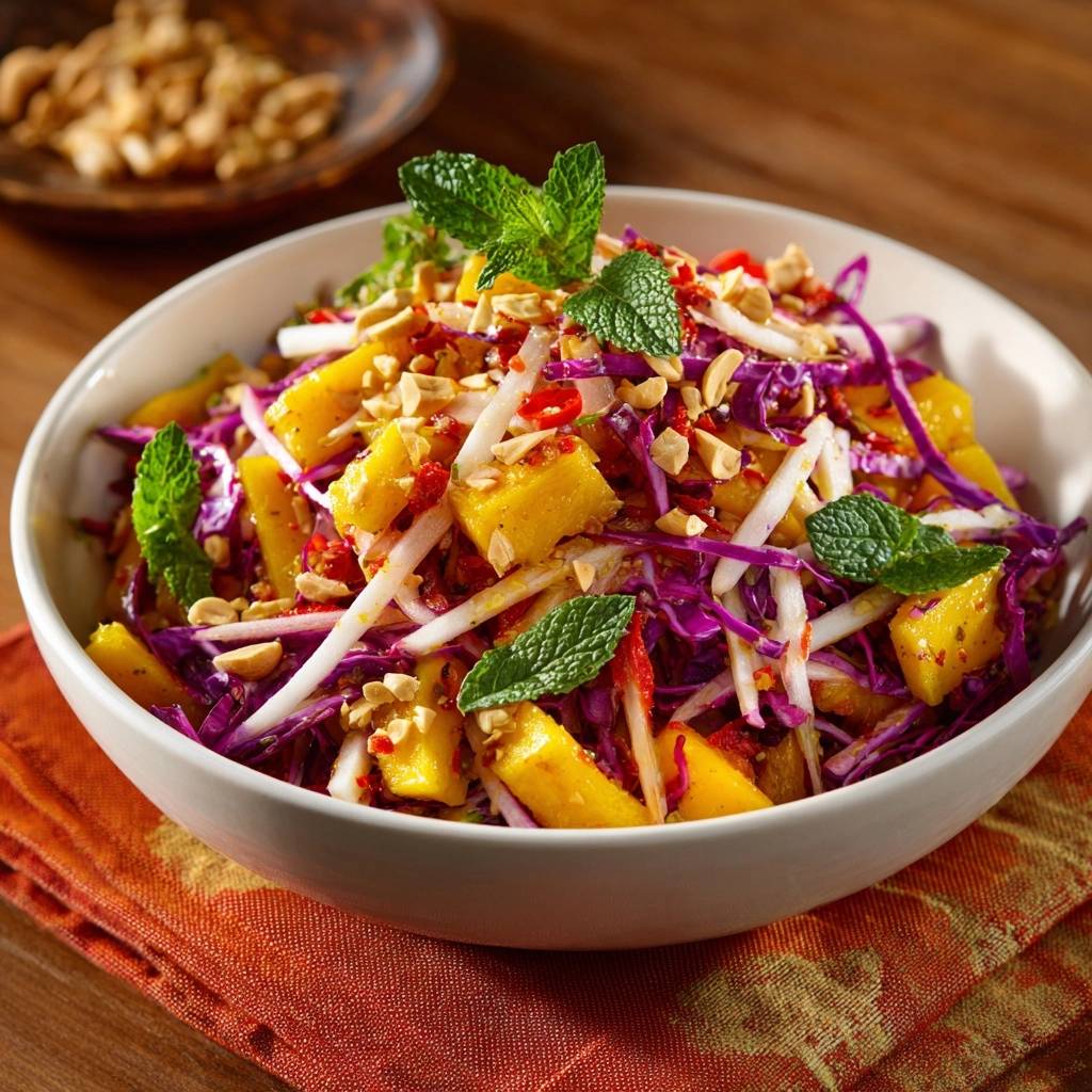 Thai-Mango-Krautsalat mit frischer Minze und gerösteten Erdnüssen, serviert in einer weißen Schüssel