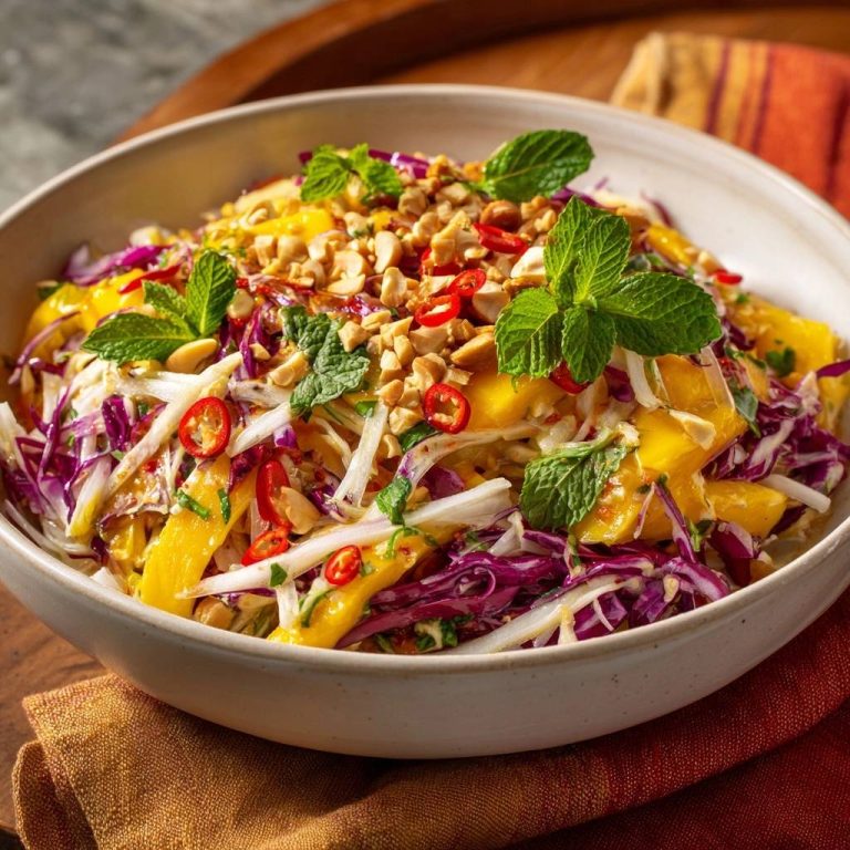 Thai-Mango-Krautsalat, garniert mit Erdnüssen, Minze und Chilis, in einer Schüssel serviert