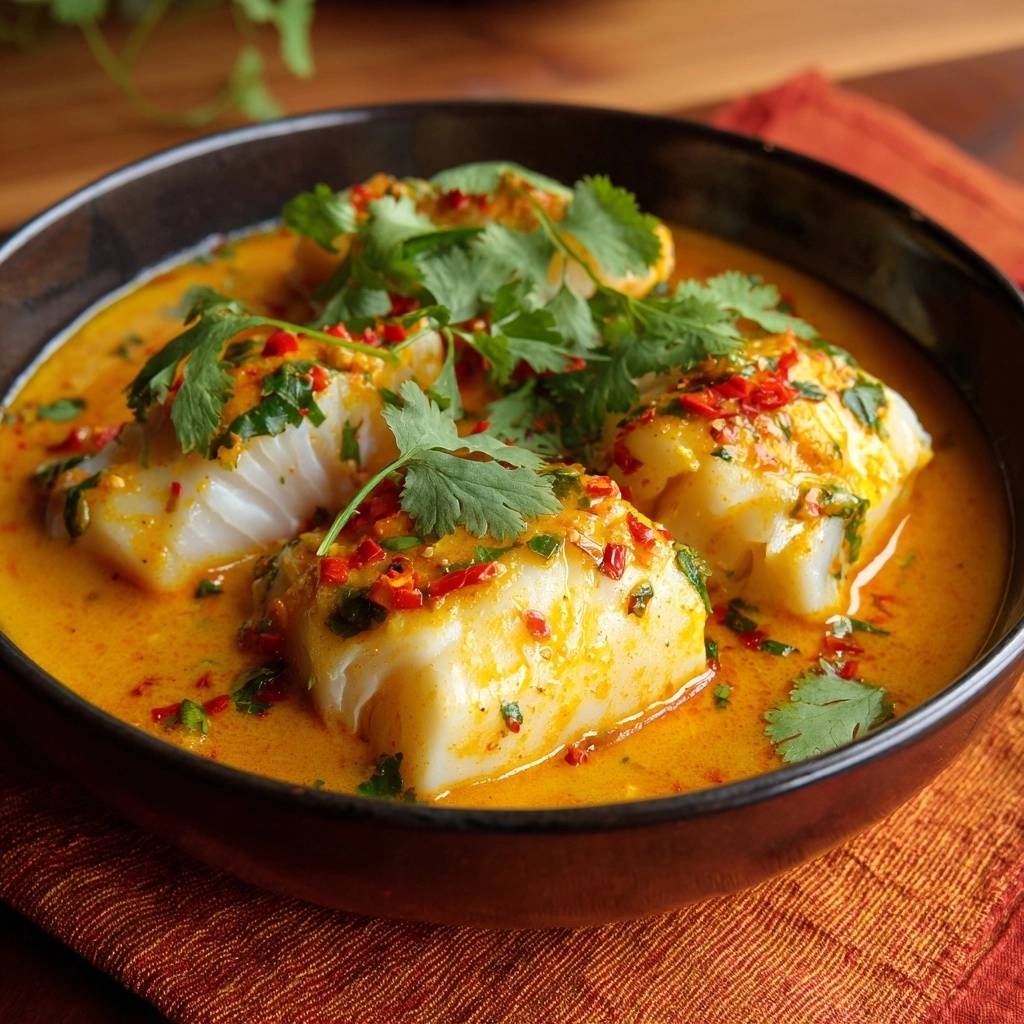 Thailändisches Rotes Fischcurry mit frischem Koriander und Chilistückchen als Garnitur im Detail.