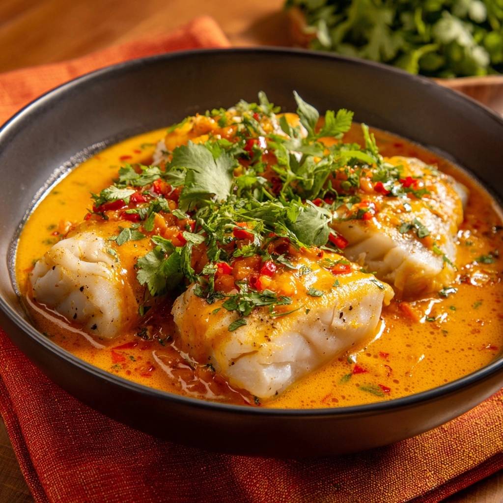 Thailändisches rotes Fischcurry, serviert in einer Schüssel mit frischem Koriander und Chili garniert.
