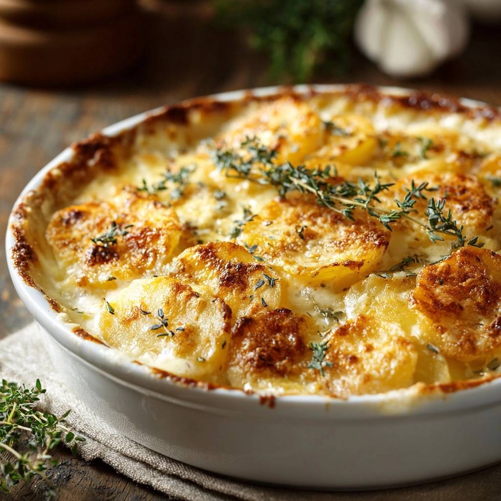 Cremiges Thymian-Kartoffelgratin, garniert mit frischen Thymianzweigen und goldbraunen Kartoffelscheiben in einer weißen Auflaufform.