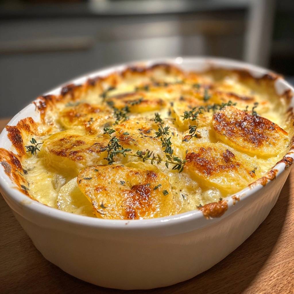 Cremiges Thymian-Kartoffelgratin, frisch gebacken und mit Thymian garniert, in einer weißen Auflaufform.