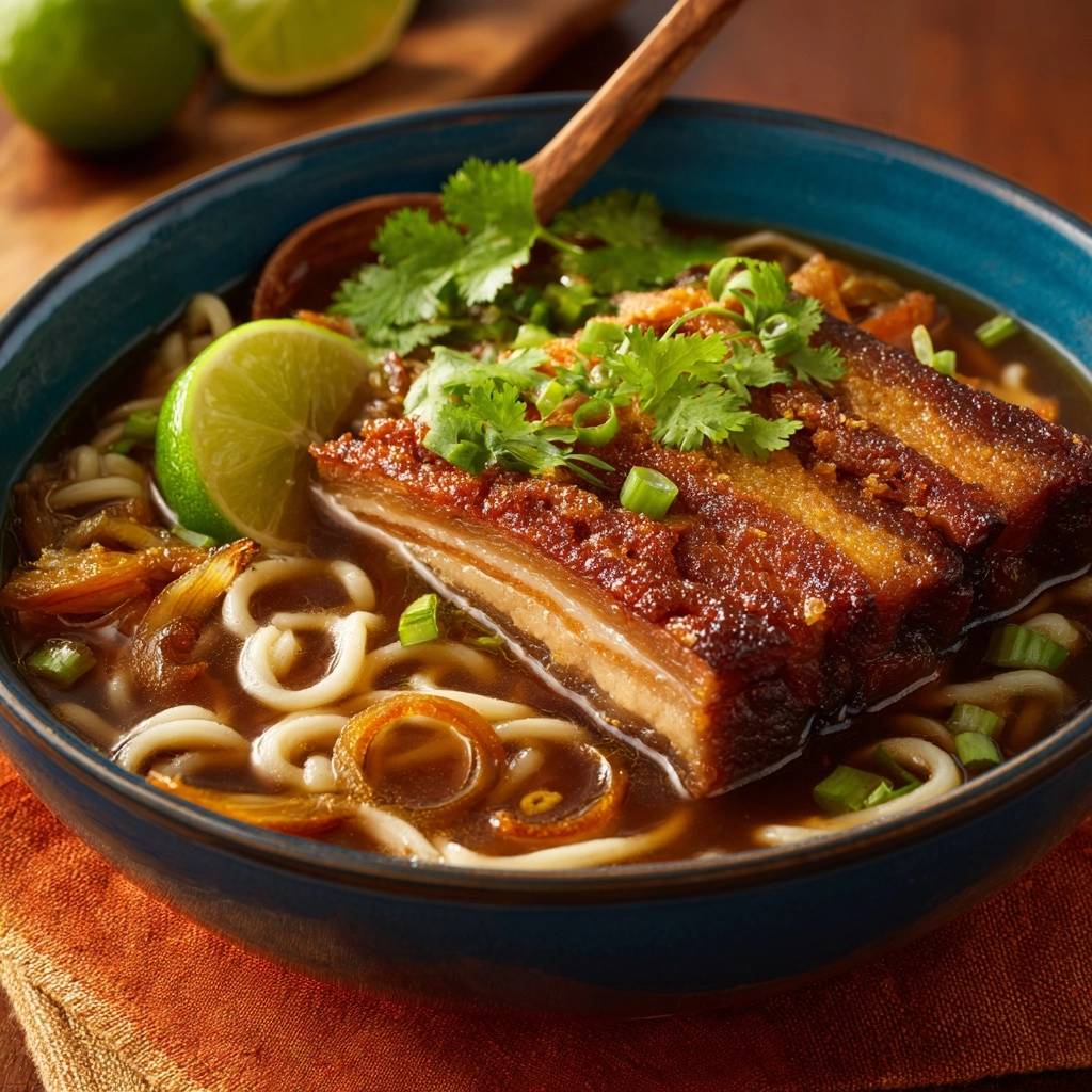 Udon-Nudelsuppe mit knusprigem Bauchspeck, nahaufnahme des dampfenden Gerichts mit einem Stück Fleisch und Garnitur.