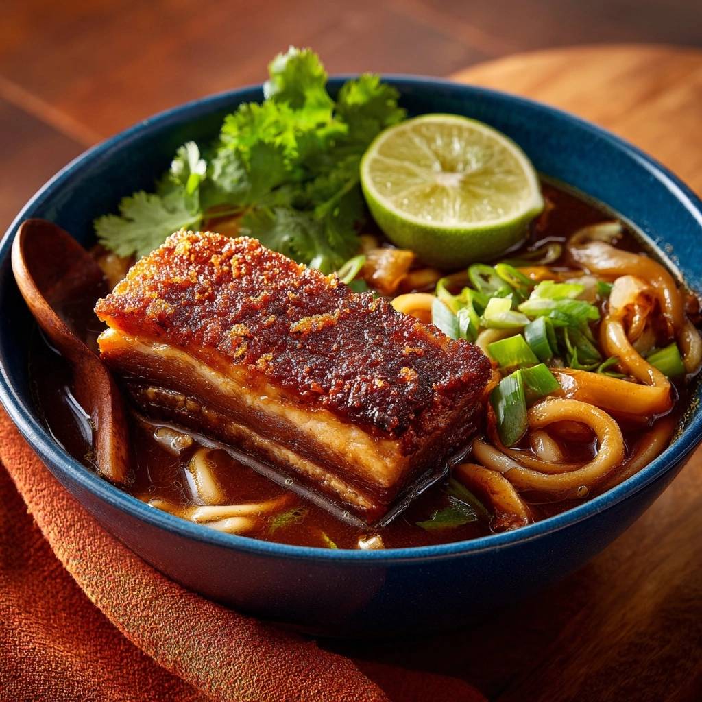 Udon-Nudelsuppe mit knusprigem Bauchspeck, nahaufnahme eines Stücks Fleisch und der Nudeln in der Brühe.