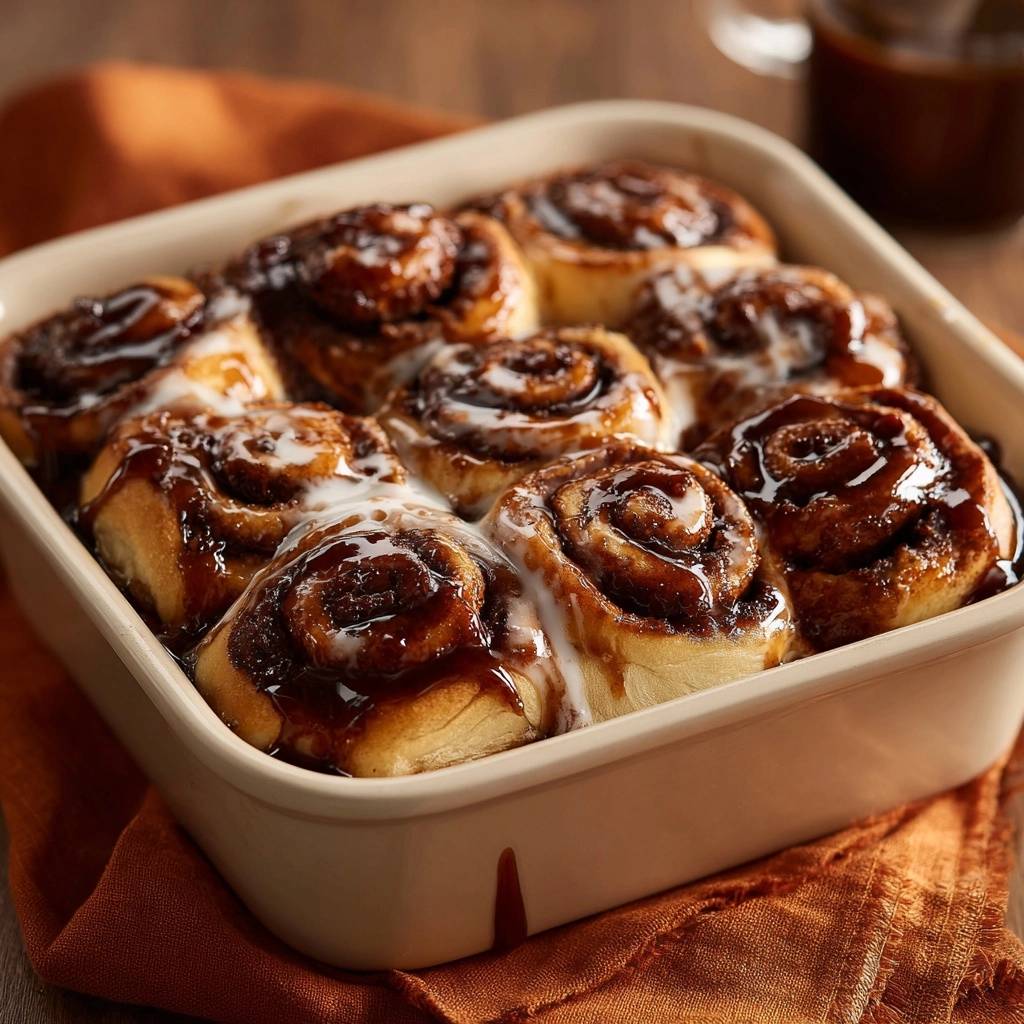 Überbackene Zimtschnecken mit glänzender Glasur und brauner Füllung in einer Auflaufform, frisch gebacken.
