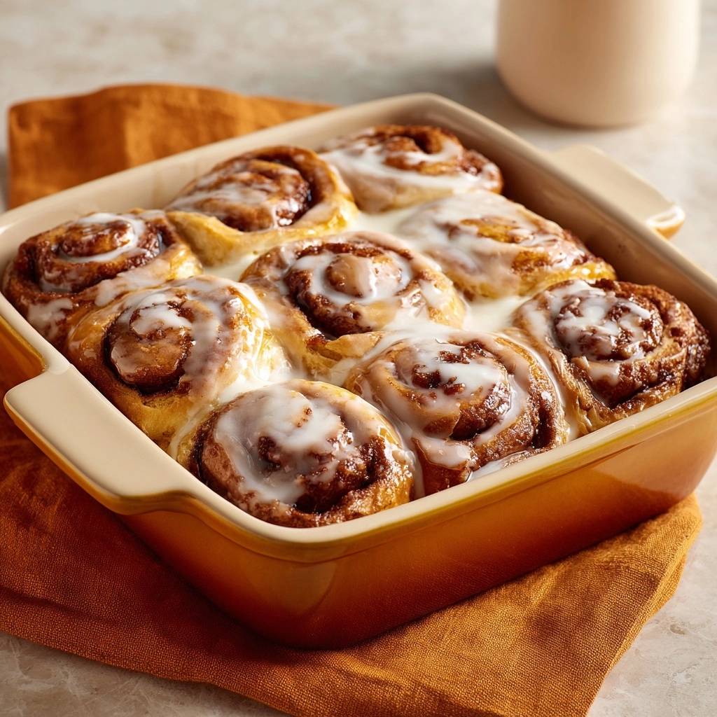 Überbackene Zimtschnecken sind im Backblech mit üppigem Zuckerguss überzogen und duften köstlich.