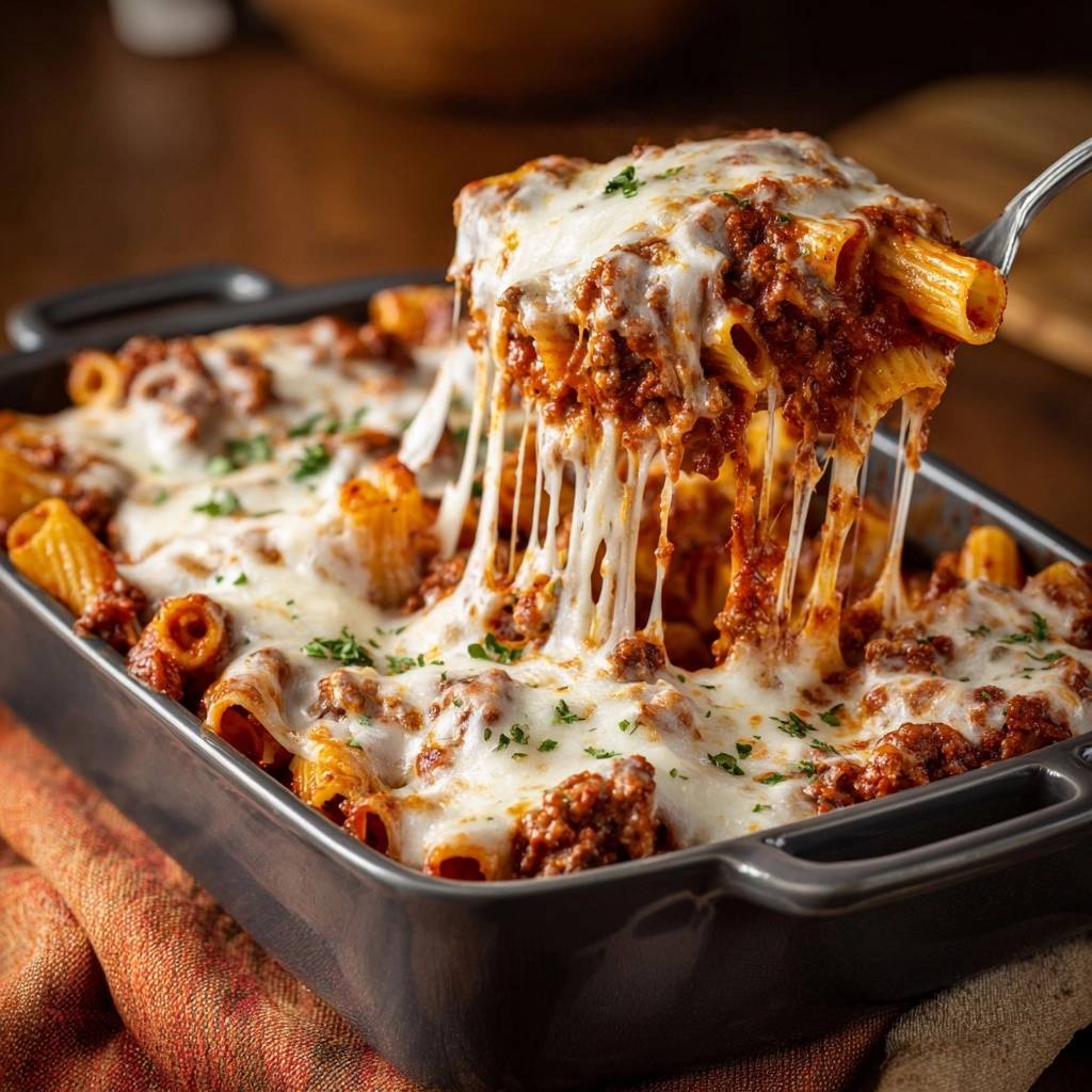 Überbackener Rigatoni-Auflauf mit Hackfleisch, bei dem heißer Käse Fäden zieht und eine Portion aus der Auflaufform gehoben wird.