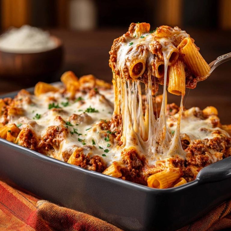 Überbackener Rigatoni-Auflauf mit Hackfleisch, serviert mit geschmolzenem, Fäden ziehendem Käse, frisch aus dem Ofen.