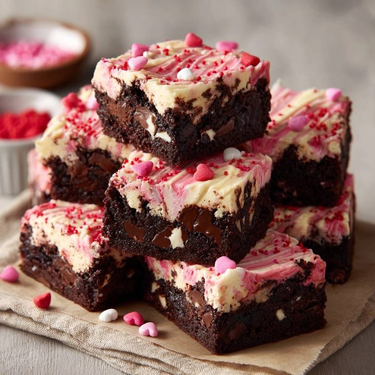 Valentins-Schoko-Brownies gestapelt und mit rosa und weißen Herzen garniert und dekoriert.