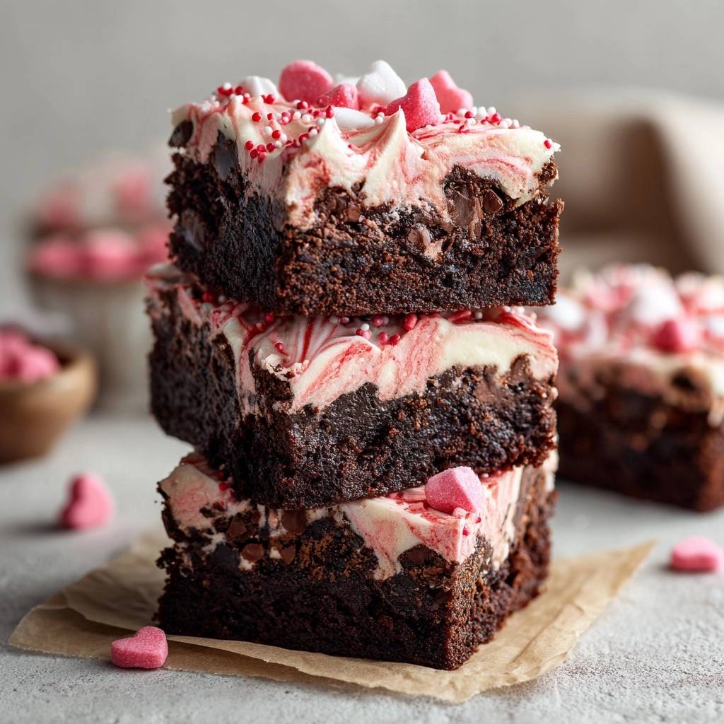 Valentins-Schoko-Brownies als gestapelte Nahaufnahme mit rosa Swirl-Topping und Streuseln.