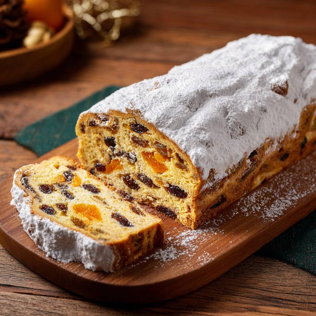 Saftiger Weihnachtsstollen angeschnitten, mit viel Puderzucker bestäubt und sichtbaren Trockenfrüchten im Inneren.