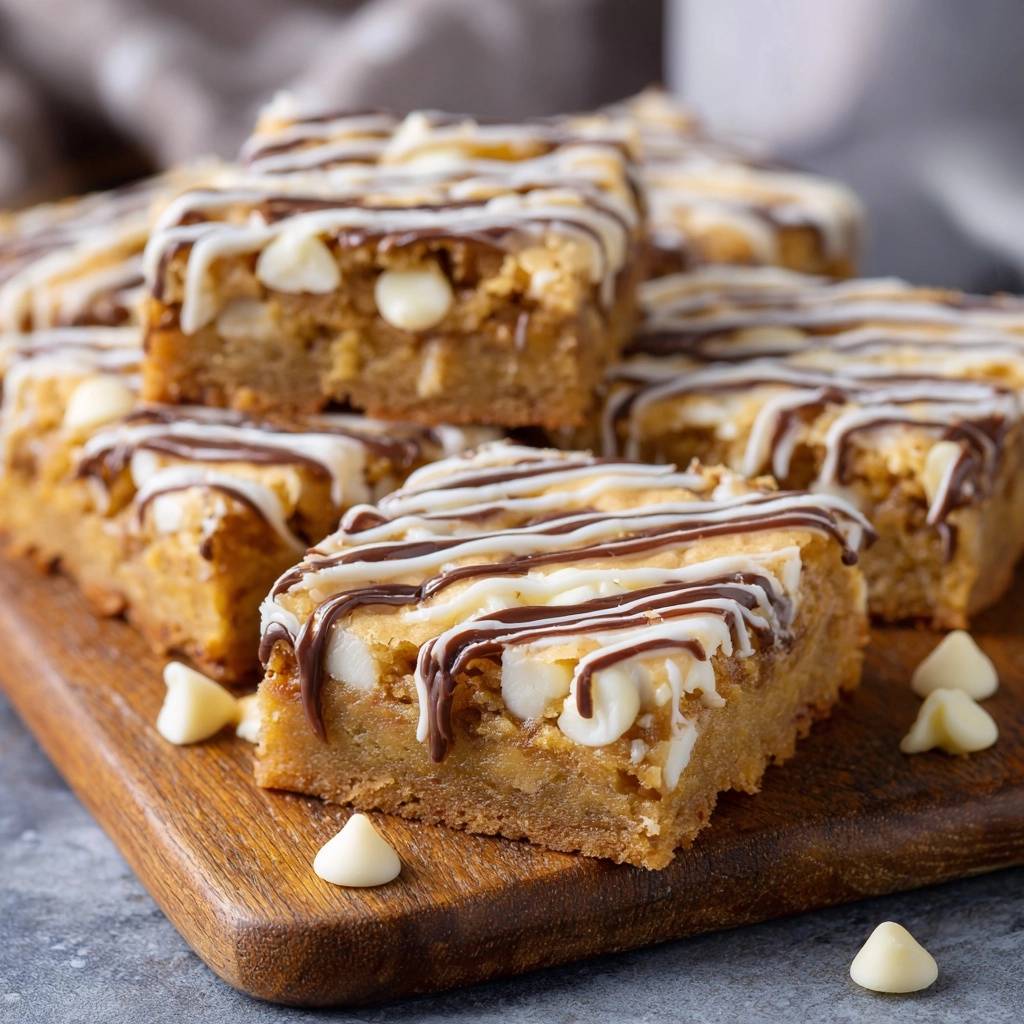 Weiße-Schokoladen-Blondies angeschnitten auf einem Holzbrett, mit geschmolzenen Schokostückchen und weißer Glasur.