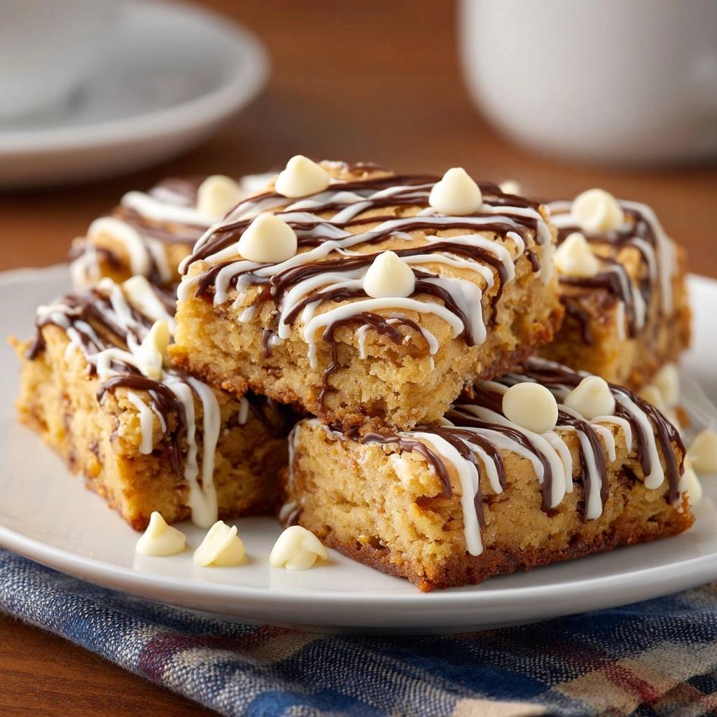 Weiße-Schokoladen-Blondies mit Schokoladen- und Zuckerguss-Drizzle und weißen Schokoladenstückchen, auf einem Teller serviert.