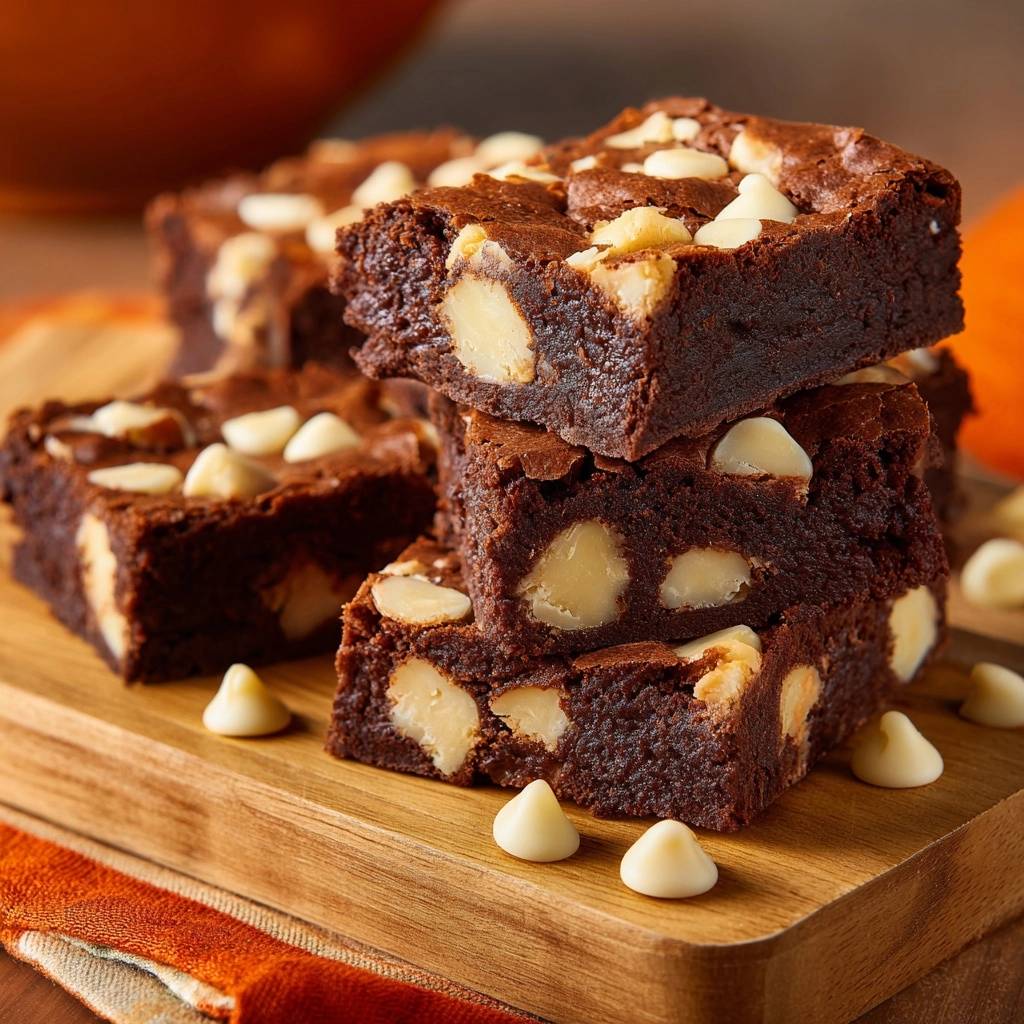 White Chocolate Chip Brownies als Nahaufnahme eines Stapels, der die saftige Textur und die Schokoladenstückchen zeigt.