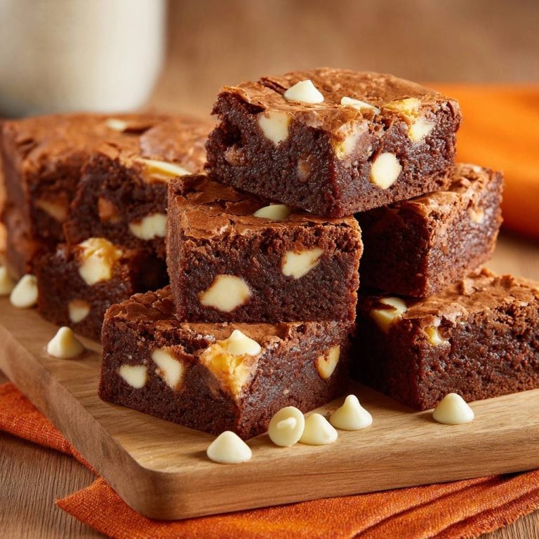 White Chocolate Chip Brownies, gestapelt und nah aufgenommen, mit sichtbaren weißen Schokoladenstückchen.