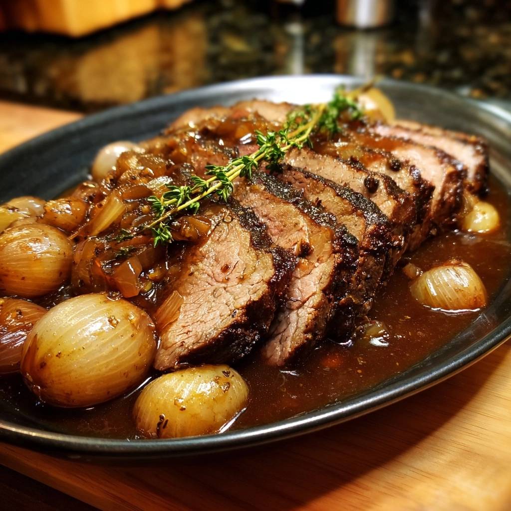 Zarter Rinderbraten mit Perlzwiebeln, angeschnitten und mit Kräutern garniert, in einer dunklen Sauce serviert.