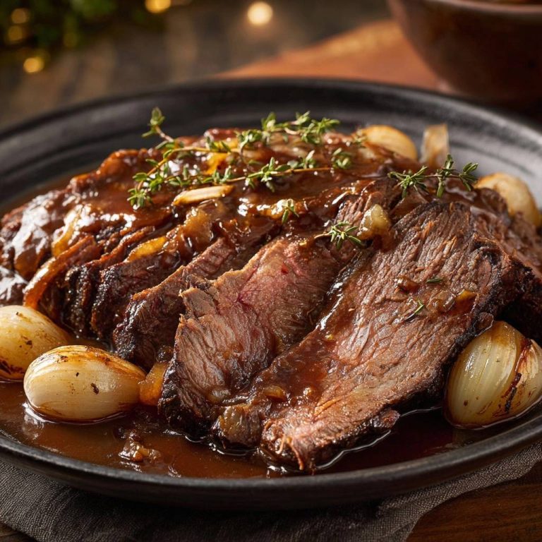 Zarter Rinderbraten mit Perlzwiebeln, angeschnitten und mit Thymian garniert, zeigt saftige Scheiben in reichlich Sauce.