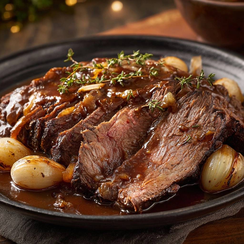 Zarter Rinderbraten mit Perlzwiebeln, angeschnitten und mit Thymian garniert, zeigt saftige Scheiben in reichlich Sauce.