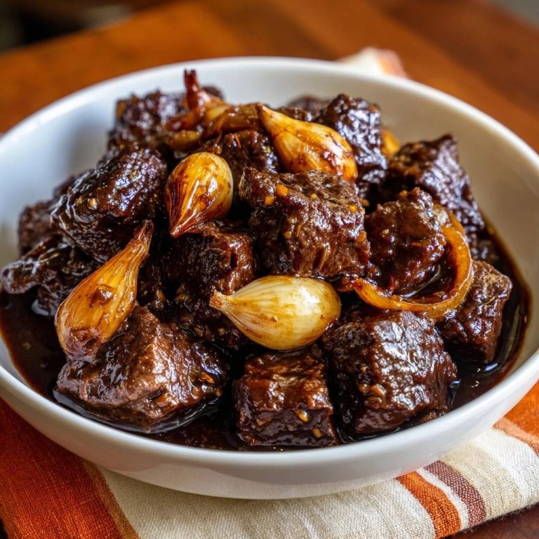Zartes Knoblauch-Rindfleisch mit Zwiebeln: Nahaufnahme von den saftigen Rindfleischstücken und geschmorten Zwiebeln in dunkler Sauce.