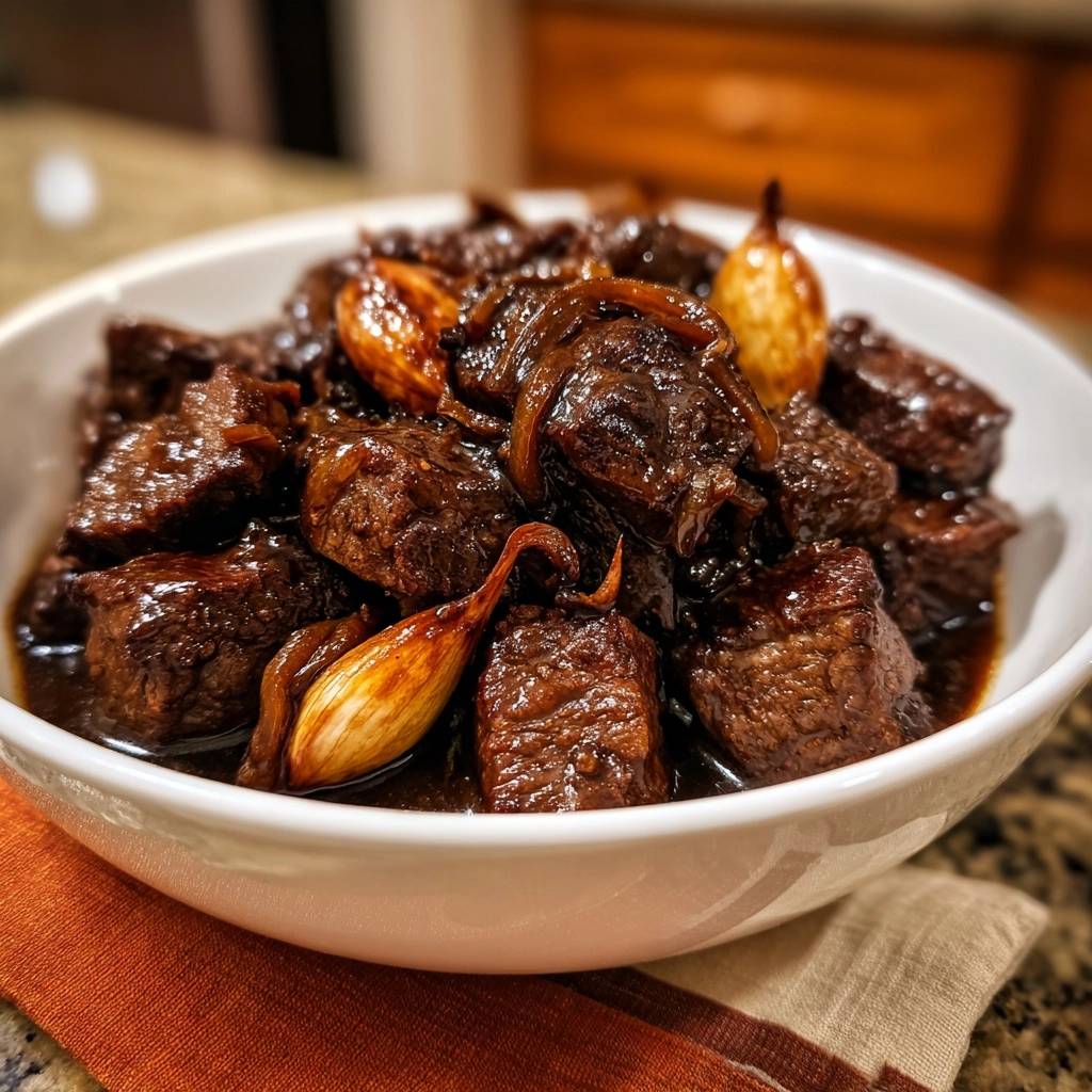 Zartes Knoblauch-Rindfleisch mit Zwiebeln, serviert in einer weißen Schüssel mit einer Nahaufnahme der saftigen Fleischstücke und Aromaten.