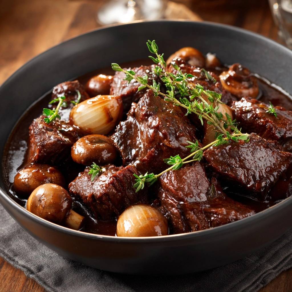 Zartes Rindfleisch mit Pilzen und Perlzwiebeln, eine Nahaufnahme mit frischen Kräutern garniert.