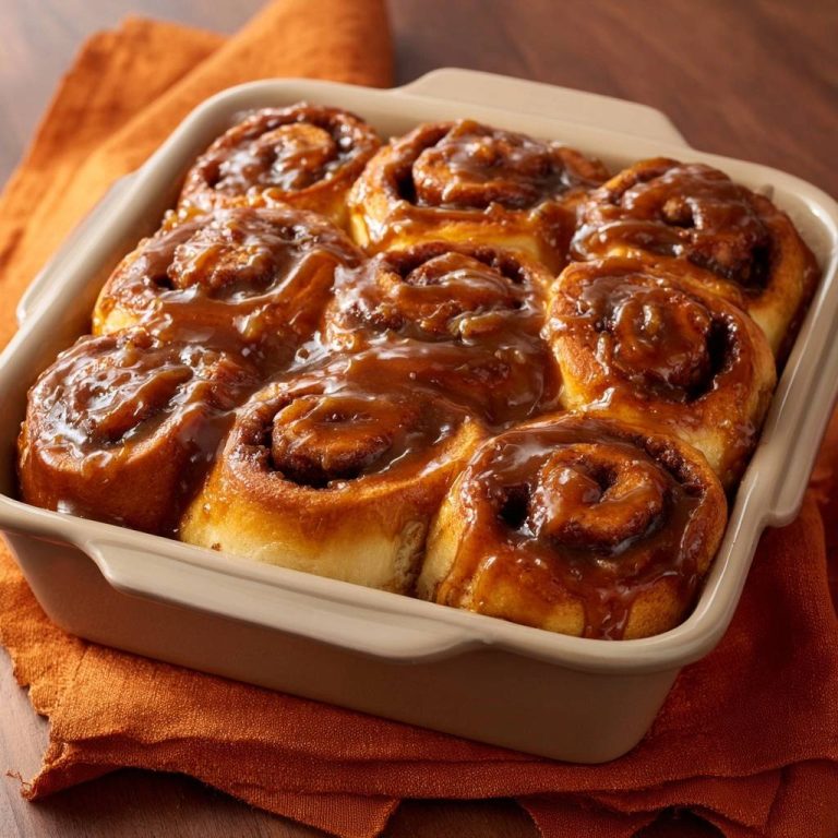 Zimtschnecken mit Karamellguss, frisch gebacken und in einem quaderförmigen Auflauf arrangiert, von oben nah aufgenommen.