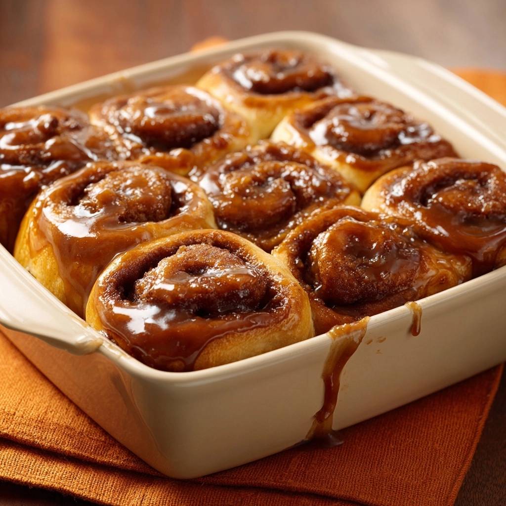 Zimtschnecken mit Karamellguss, eine Nahaufnahme der saftigen, glasierten Gebäckstücke in einer Auflaufform.